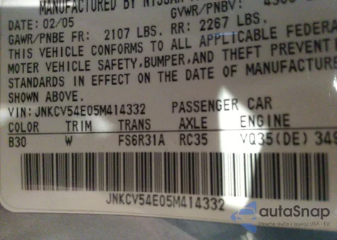 2005 Infiniti G35 Coupe z USA, uszkodzony, nr VIN JNKCV54E05M414332